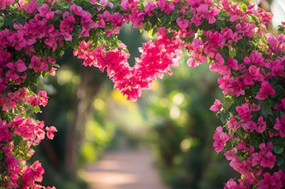 Bougainvillea archway along a park path