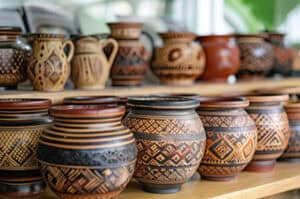 Display of geometric patterned clay pots