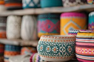 Shelves with colorful woven baskets at an outdoor market
