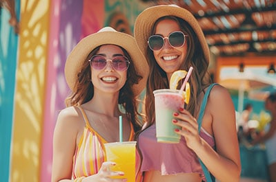 Smiling young women holding colorful tropical drinks in front of a multicolored wall