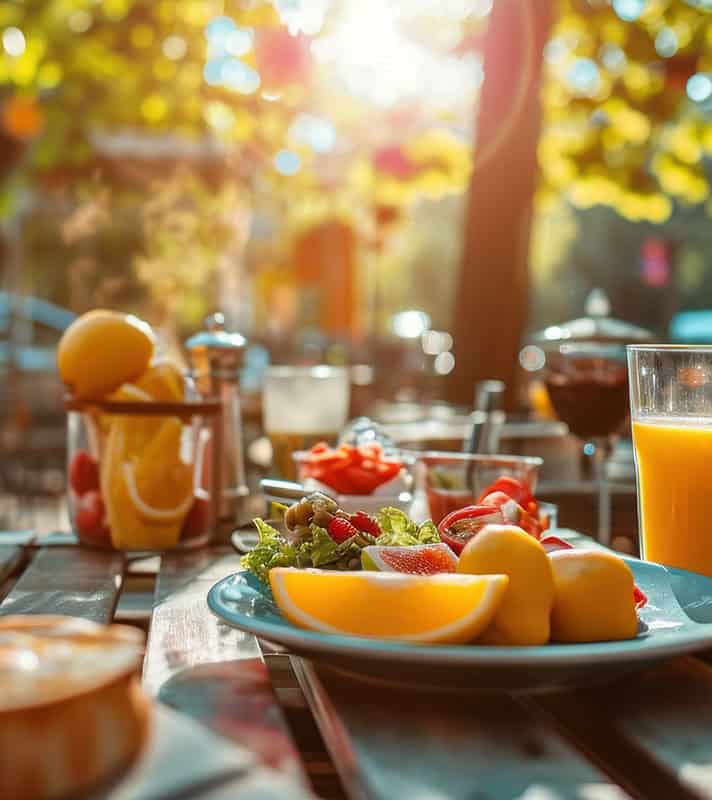 Table with breakfast spread at an outdoor cafe