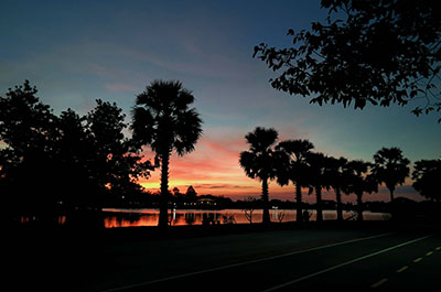 Walkway overlooking a natural area with water in a community after sunset