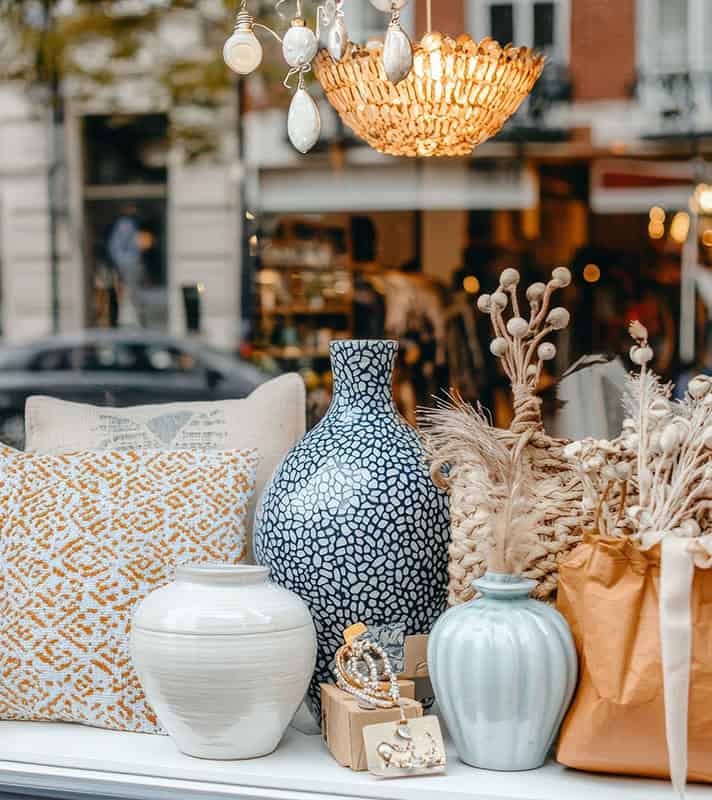 Decorated store window of a home decor boutique