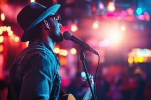 Performer playing live music at night